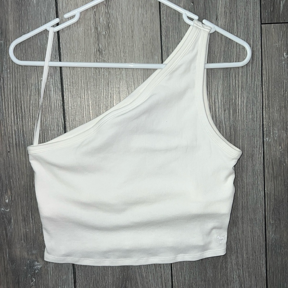 NWT PINK Rib One Shoulder Crop Tank with built in bra L
